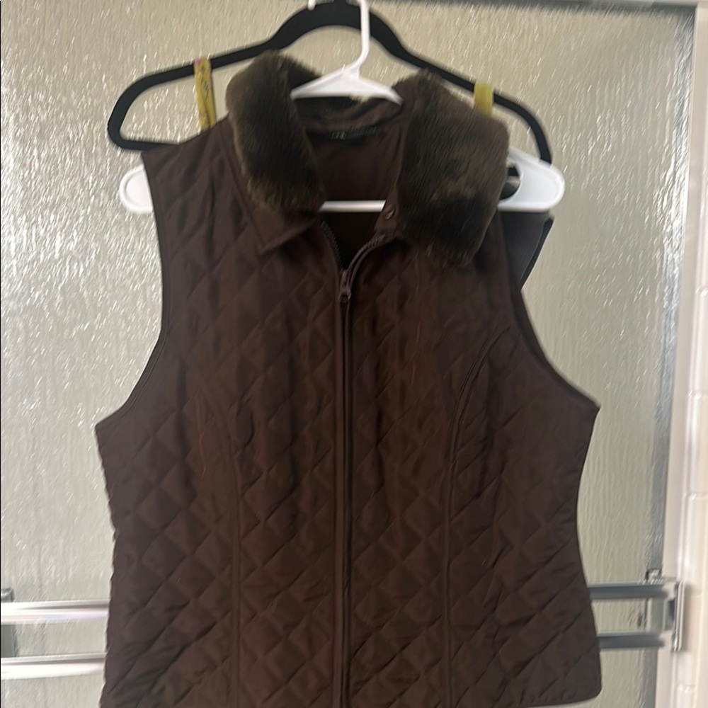 Brown Quilted Vest with Faux Fur Collar